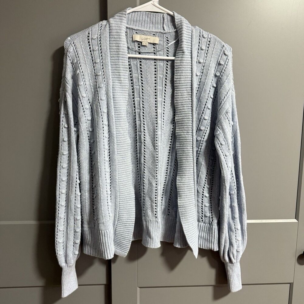 Loft Women Eyelet Crochet Swiss Dot Puff Sleeve Open Front Cardigan Blue Small